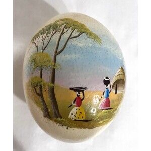 Vintage Hand Painted South Africa Ostrich Egg Shell Women Carrying Water